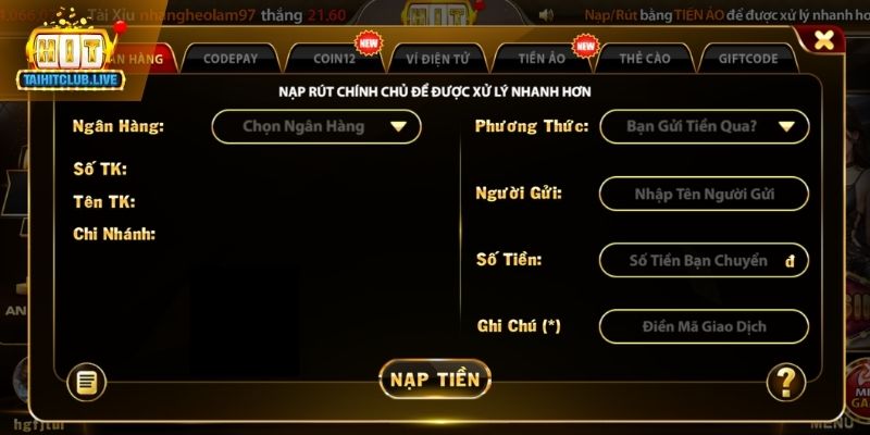 Hướng dẫn nạp tiền Hit Club đa phương thức